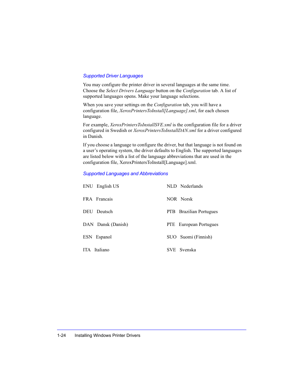 Supported driver languages | Xerox WorkCentre M35-4011 User Manual | Page 40 / 75