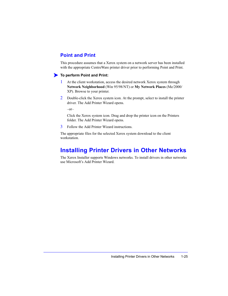 Point and print, Installing printer drivers in other networks, Point and print -25 | Xerox WorkCentre M35-4011 User Manual | Page 41 / 75