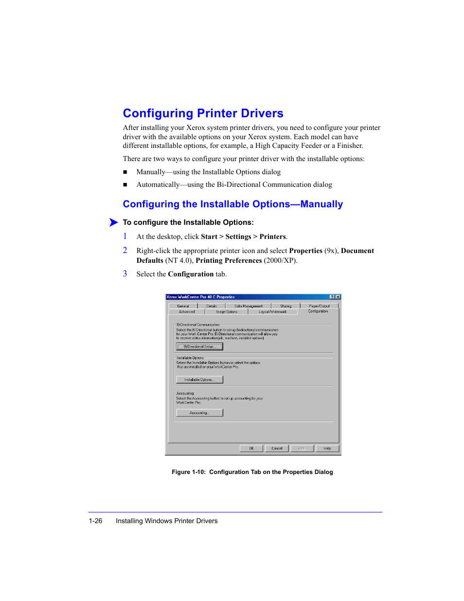 Configuring printer drivers, Configuring the installable options—manually, Configuring the installable options—manually -26 | Xerox WorkCentre M35-4011 User Manual | Page 42 / 75