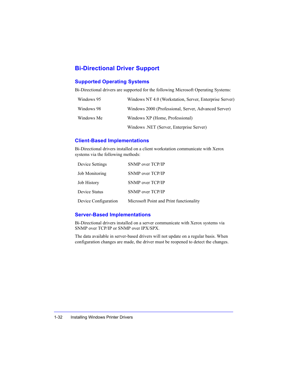 Bi-directional driver support, Supported operating systems, Client-based implementations | Server-based implementations, Bi-directional driver support -32 | Xerox WorkCentre M35-4011 User Manual | Page 48 / 75