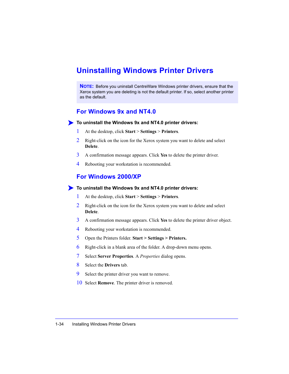 Uninstalling windows printer drivers, For windows 9x and nt4.0, For windows 2000/xp | Xerox WorkCentre M35-4011 User Manual | Page 50 / 75