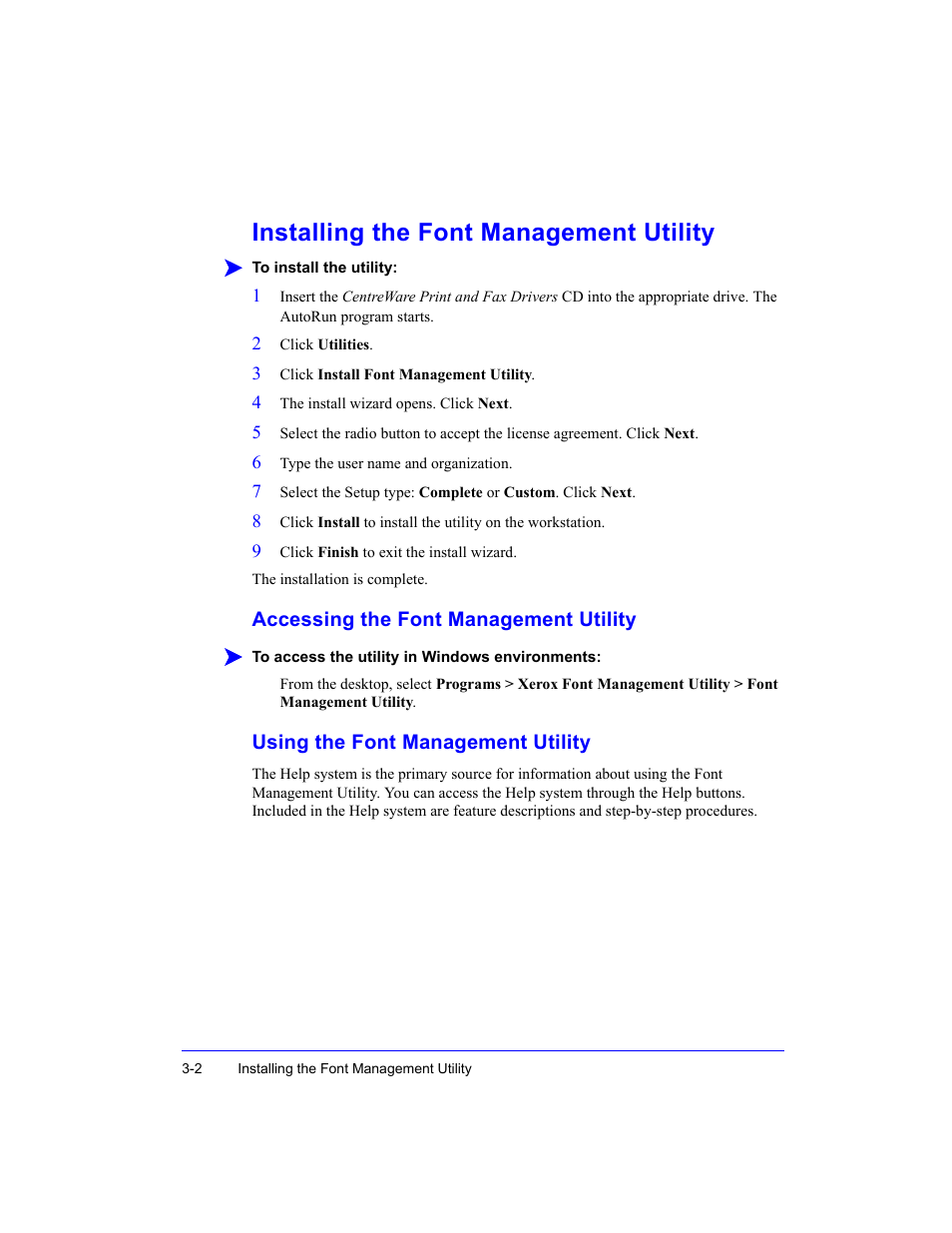 Installing the font management utility, Accessing the font management utility, Using the font management utility | Xerox WorkCentre M35-4011 User Manual | Page 58 / 75