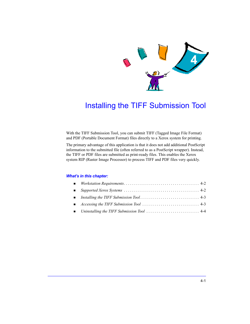 Installing the tiff submission tool, Chapter 4, Installing the tiff submission tool -1 | Xerox WorkCentre M35-4011 User Manual | Page 61 / 75