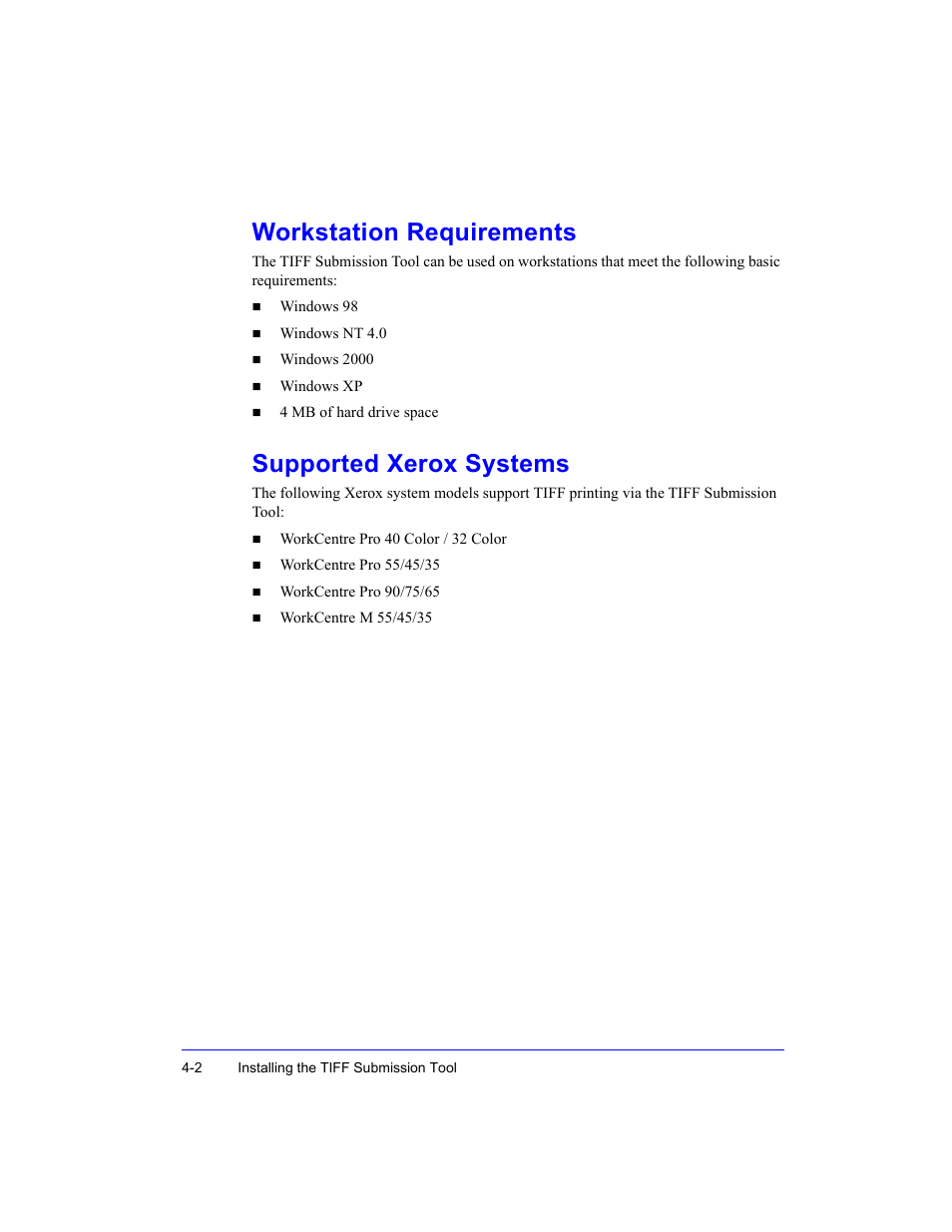 Workstation requirements, Supported xerox systems | Xerox WorkCentre M35-4011 User Manual | Page 62 / 75