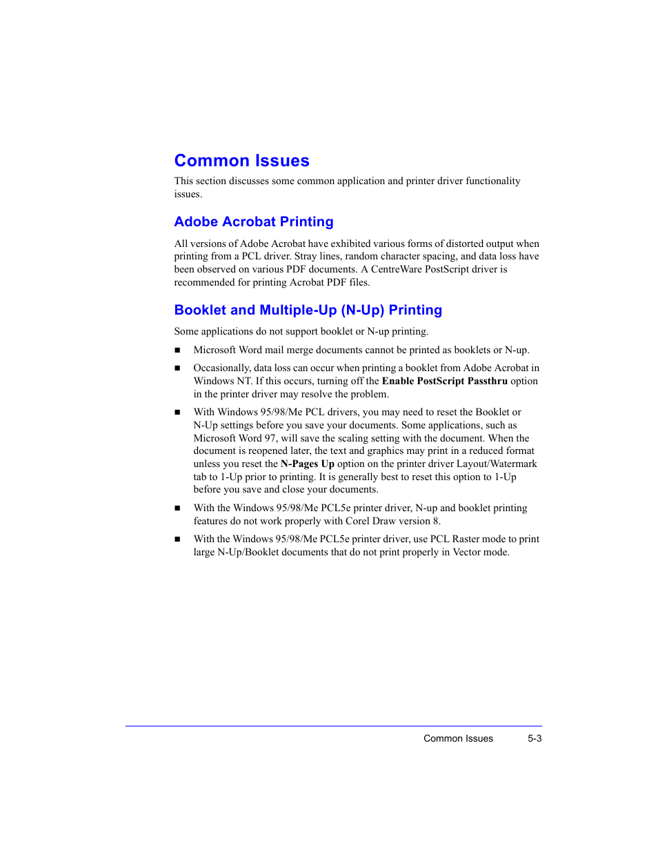 Common issues, Adobe acrobat printing, Booklet and multiple-up (n-up) printing | Xerox WorkCentre M35-4011 User Manual | Page 67 / 75