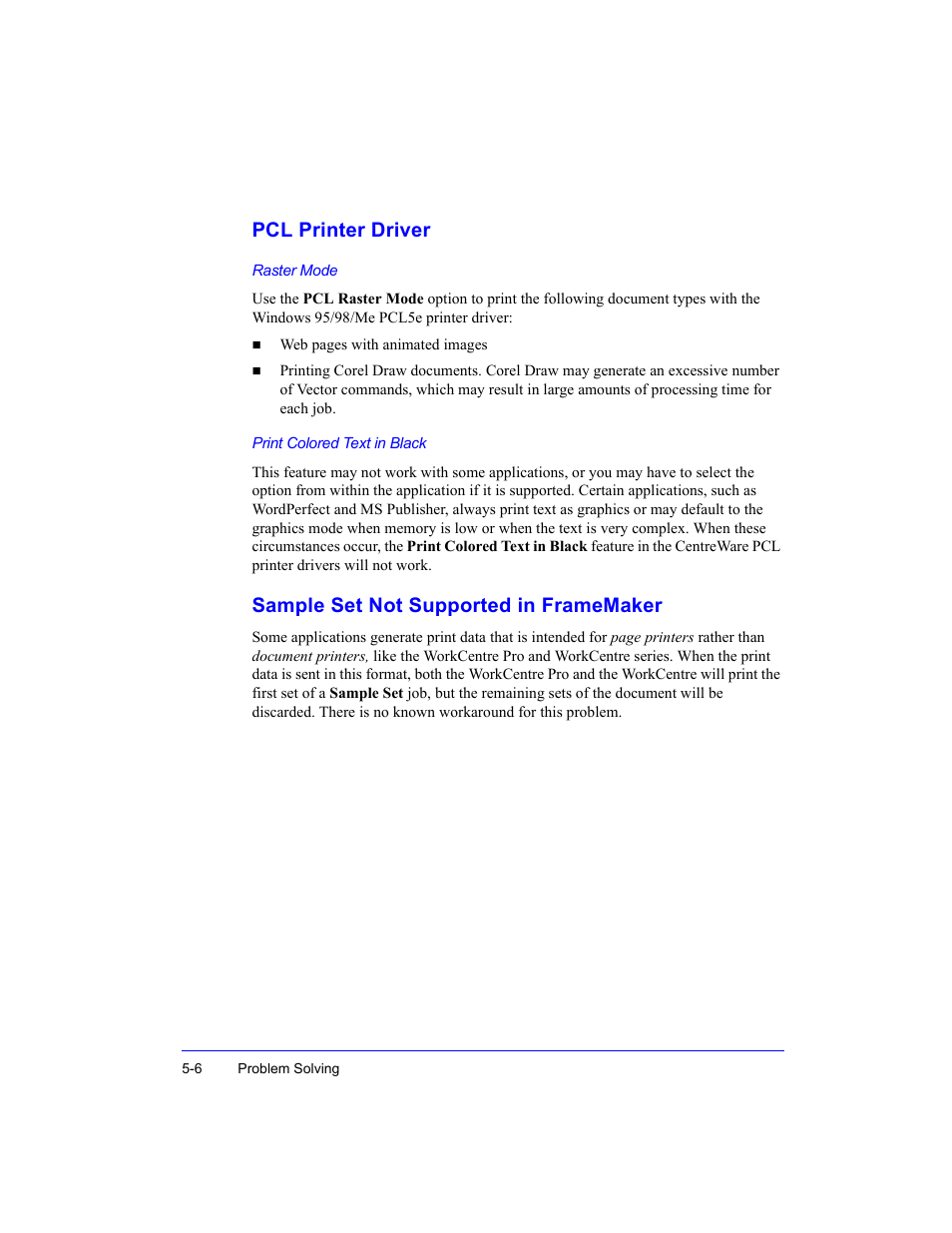 Pcl printer driver, Sample set not supported in framemaker | Xerox WorkCentre M35-4011 User Manual | Page 70 / 75