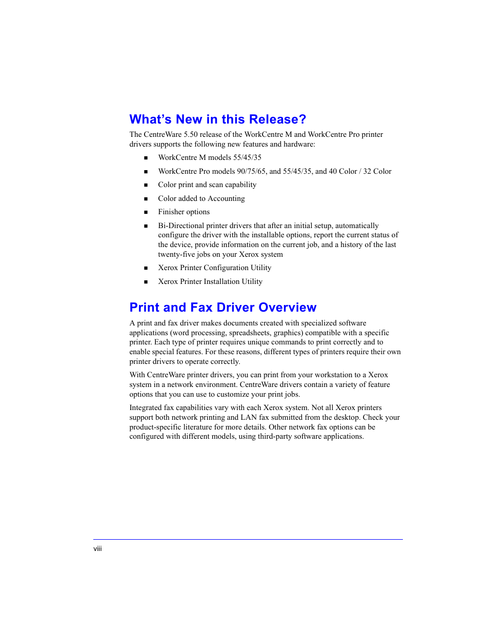 What’s new in this release, Print and fax driver overview, Viii | Xerox WorkCentre M35-4011 User Manual | Page 8 / 75