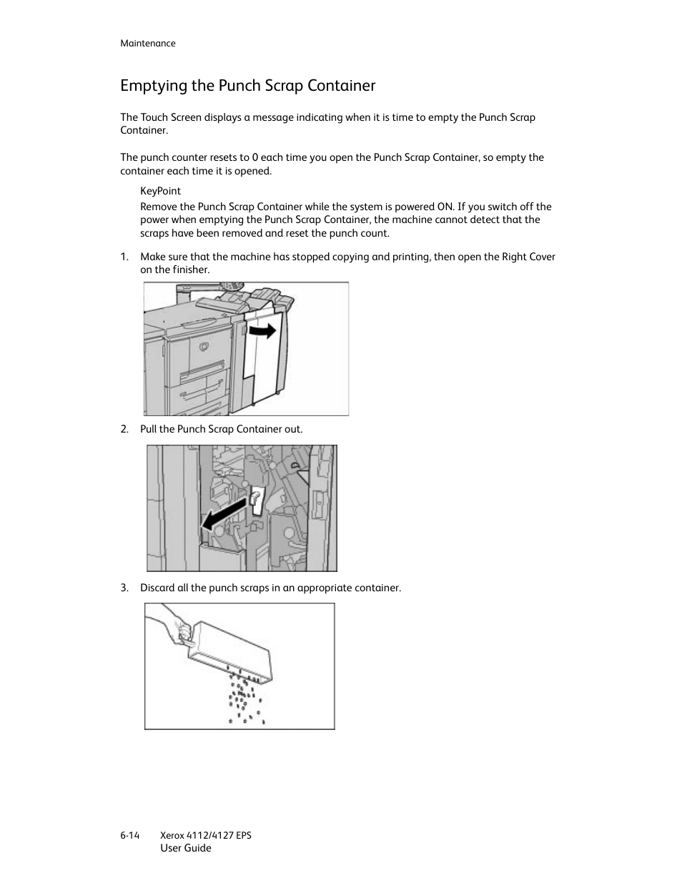 Emptying the punch scrap container, Emptying the punch scrap container -14 | Xerox 4112-4127 Enterprise Printing System-4612 User Manual | Page 100 / 224