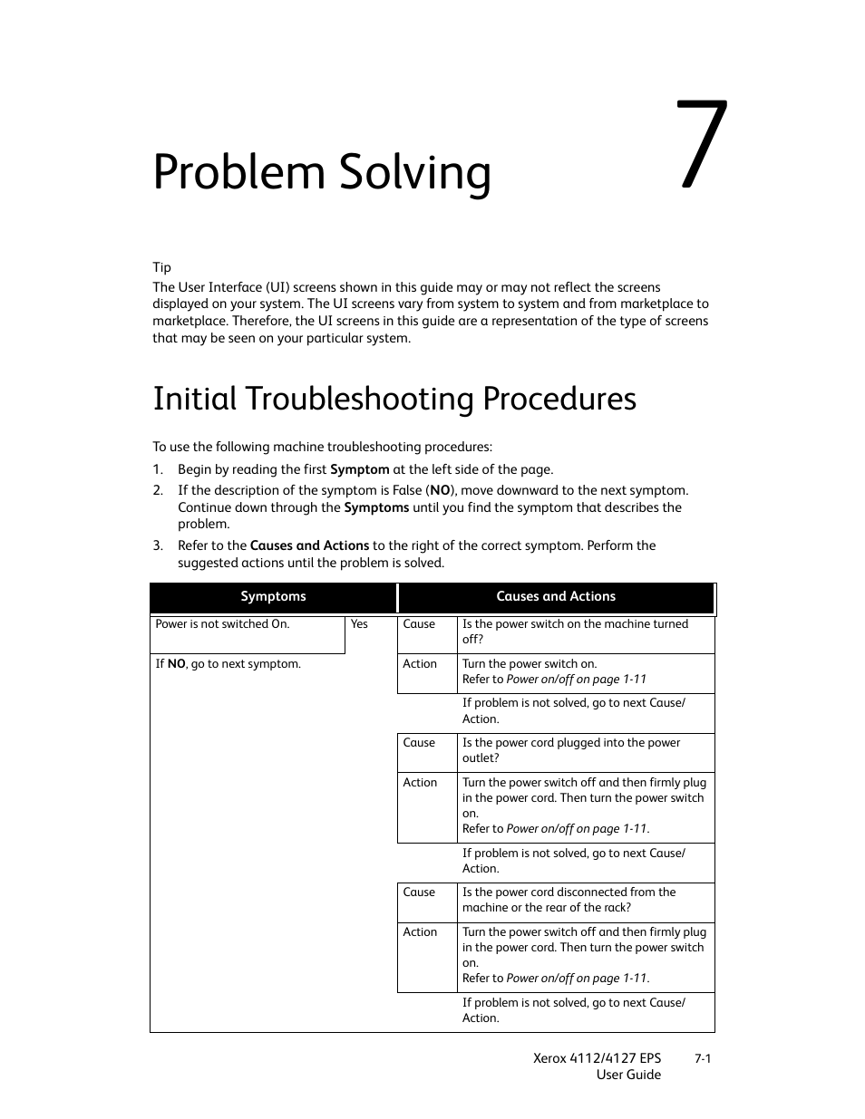 Problem solving, Initial troubleshooting procedures, Problem solving -1 | Initial troubleshooting procedures -1 | Xerox 4112-4127 Enterprise Printing System-4612 User Manual | Page 103 / 224