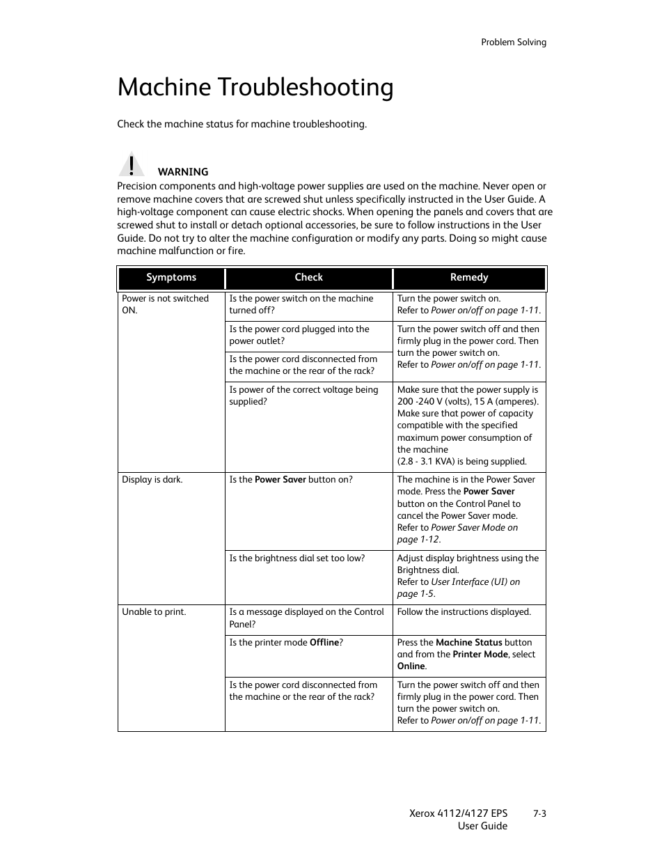 Machine troubleshooting, Machine troubleshooting -3 | Xerox 4112-4127 Enterprise Printing System-4612 User Manual | Page 105 / 224