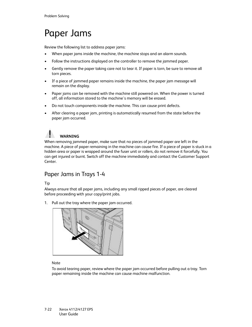 Paper jams, Paper jams in trays 1-4, Paper jams -22 | Paper jams in trays 1-4 -22 | Xerox 4112-4127 Enterprise Printing System-4612 User Manual | Page 124 / 224