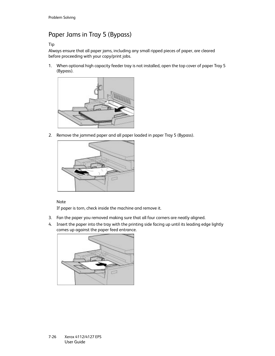 Paper jams in tray 5 (bypass), Paper jams in tray 5 (bypass) -26 | Xerox 4112-4127 Enterprise Printing System-4612 User Manual | Page 128 / 224