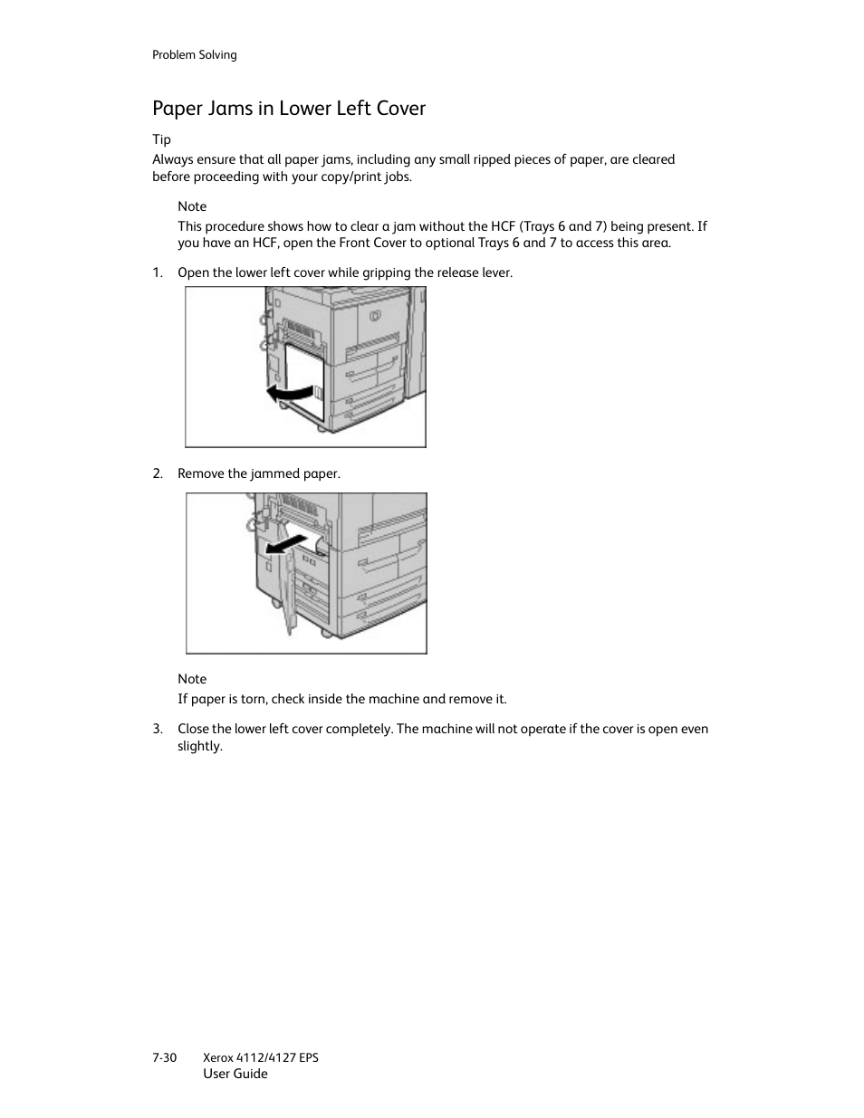 Paper jams in lower left cover, Paper jams in lower left cover -30 | Xerox 4112-4127 Enterprise Printing System-4612 User Manual | Page 132 / 224