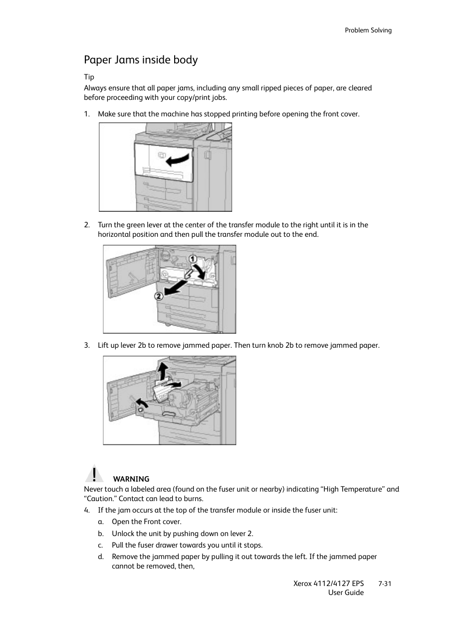 Paper jams inside body, Paper jams inside body -31 | Xerox 4112-4127 Enterprise Printing System-4612 User Manual | Page 133 / 224