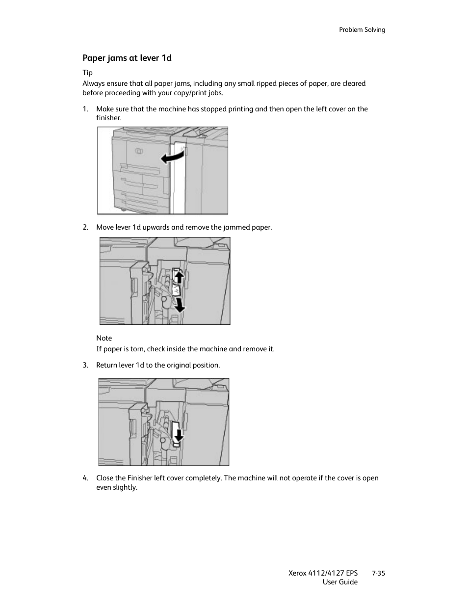 Paper jams at lever 1d, Paper jams at lever 1d -35 | Xerox 4112-4127 Enterprise Printing System-4612 User Manual | Page 137 / 224