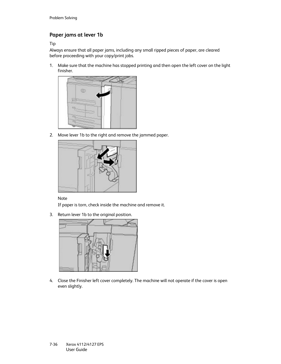 Paper jams at lever 1b, Paper jams at lever 1b -36 | Xerox 4112-4127 Enterprise Printing System-4612 User Manual | Page 138 / 224