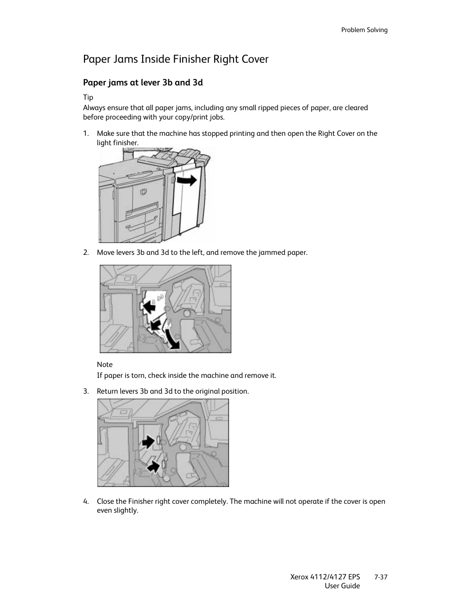 Paper jams inside finisher right cover, Paper jams at lever 3b and 3d, Paper jams inside finisher right cover -37 | Paper jams at lever 3b and 3d -37 | Xerox 4112-4127 Enterprise Printing System-4612 User Manual | Page 139 / 224