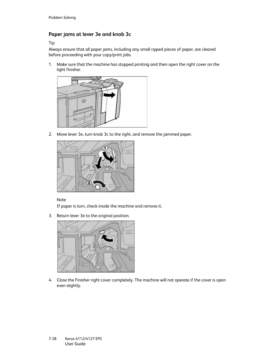 Paper jams at lever 3e and knob 3c, Paper jams at lever 3e and knob 3c -38 | Xerox 4112-4127 Enterprise Printing System-4612 User Manual | Page 140 / 224
