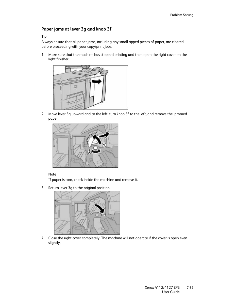 Paper jams at lever 3g and knob 3f, Paper jams at lever 3g and knob 3f -39 | Xerox 4112-4127 Enterprise Printing System-4612 User Manual | Page 141 / 224