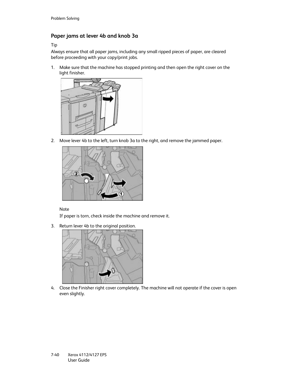 Paper jams at lever 4b and knob 3a, Paper jams at lever 4b and knob 3a -40 | Xerox 4112-4127 Enterprise Printing System-4612 User Manual | Page 142 / 224