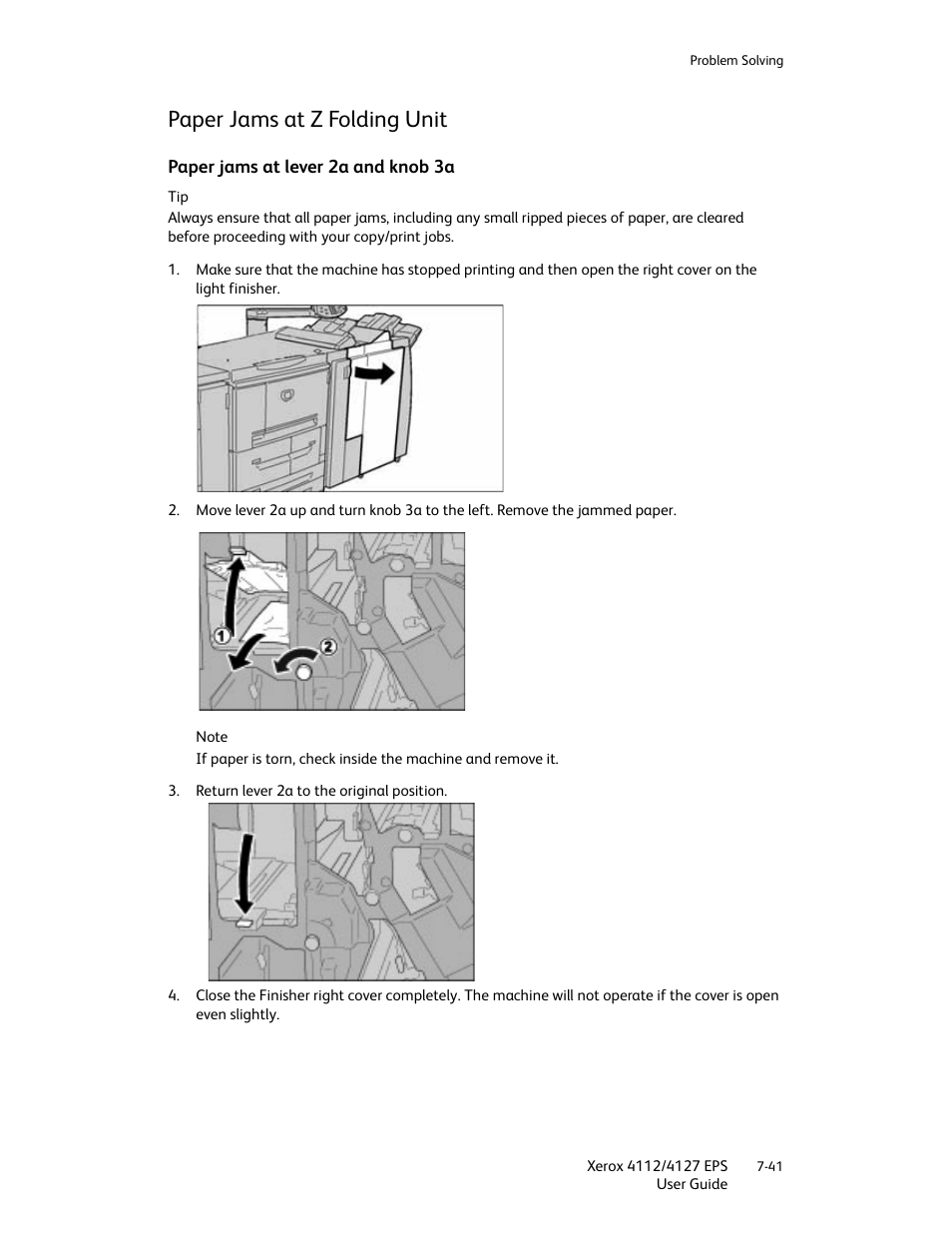 Paper jams at z folding unit, Paper jams at lever 2a and knob 3a, Paper jams at z folding unit -41 | Paper jams at lever 2a and knob 3a -41 | Xerox 4112-4127 Enterprise Printing System-4612 User Manual | Page 143 / 224