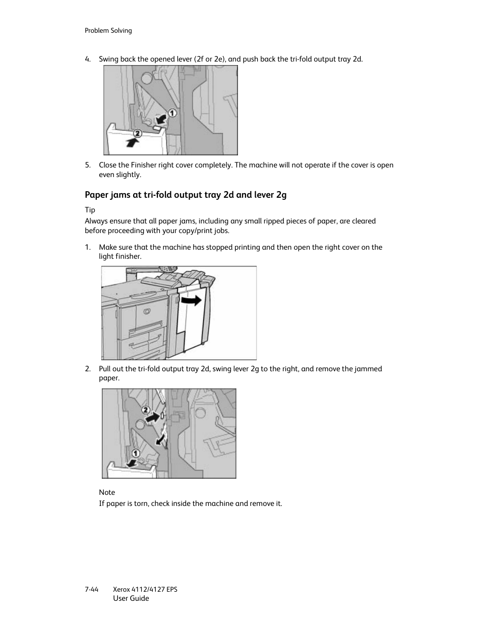 Paper jams at tri-fold output tray 2d and lever 2g | Xerox 4112-4127 Enterprise Printing System-4612 User Manual | Page 146 / 224