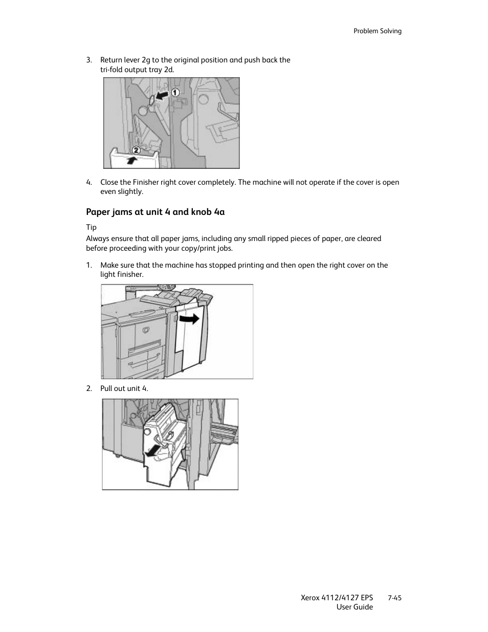 Paper jams at unit 4 and knob 4a, Paper jams at unit 4 and knob 4a -45 | Xerox 4112-4127 Enterprise Printing System-4612 User Manual | Page 147 / 224