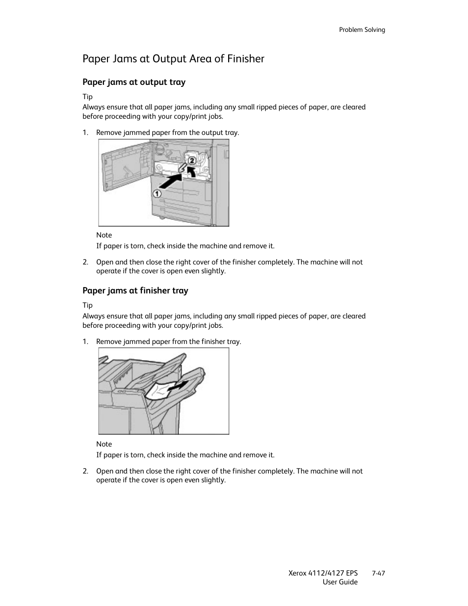 Paper jams at output area of finisher, Paper jams at output tray, Paper jams at finisher tray | Paper jams at output area of finisher -47 | Xerox 4112-4127 Enterprise Printing System-4612 User Manual | Page 149 / 224