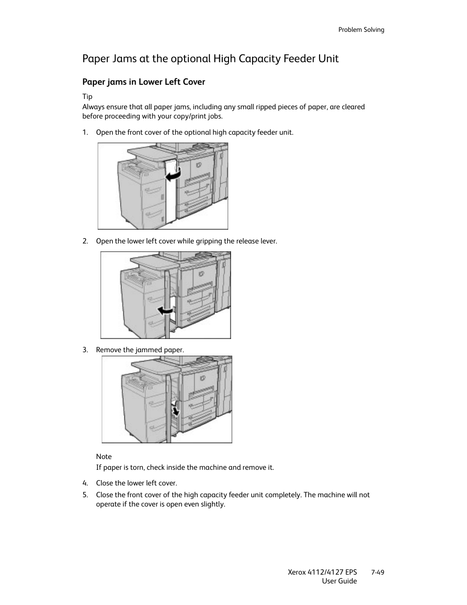 Paper jams in lower left cover, Paper jams in lower left cover -49 | Xerox 4112-4127 Enterprise Printing System-4612 User Manual | Page 151 / 224