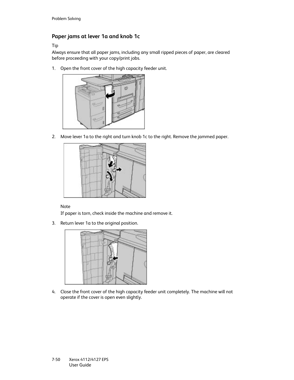 Paper jams at lever 1a and knob 1c, Paper jams at lever 1a and knob 1c -50 | Xerox 4112-4127 Enterprise Printing System-4612 User Manual | Page 152 / 224