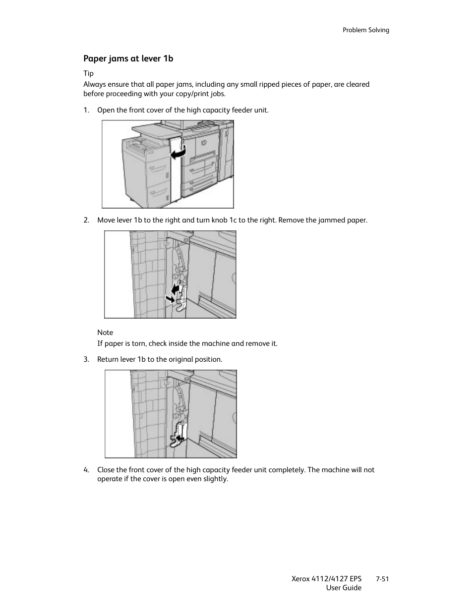 Paper jams at lever 1b, Paper jams at lever 1b -51 | Xerox 4112-4127 Enterprise Printing System-4612 User Manual | Page 153 / 224