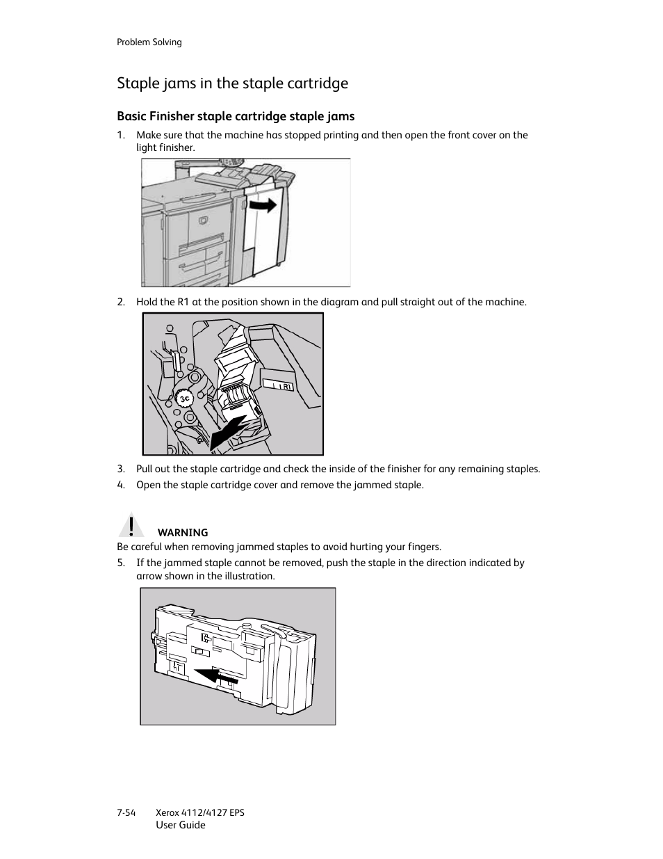 Staple jams in the staple cartridge, Basic finisher staple cartridge staple jams, Staple jams in the staple cartridge -54 | Basic finisher staple cartridge staple jams -54 | Xerox 4112-4127 Enterprise Printing System-4612 User Manual | Page 156 / 224