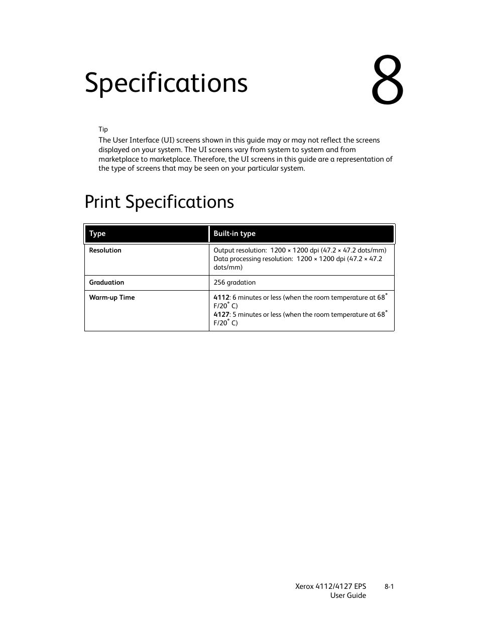 Specifications, Print specifications, Specifications -1 | Print specifications -1 | Xerox 4112-4127 Enterprise Printing System-4612 User Manual | Page 161 / 224