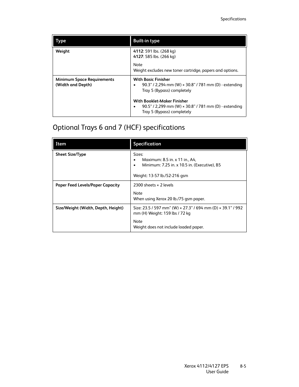 Optional trays 6 and 7 (hcf) specifications, Optional trays 6 and 7 (hcf) specifications -5 | Xerox 4112-4127 Enterprise Printing System-4612 User Manual | Page 165 / 224