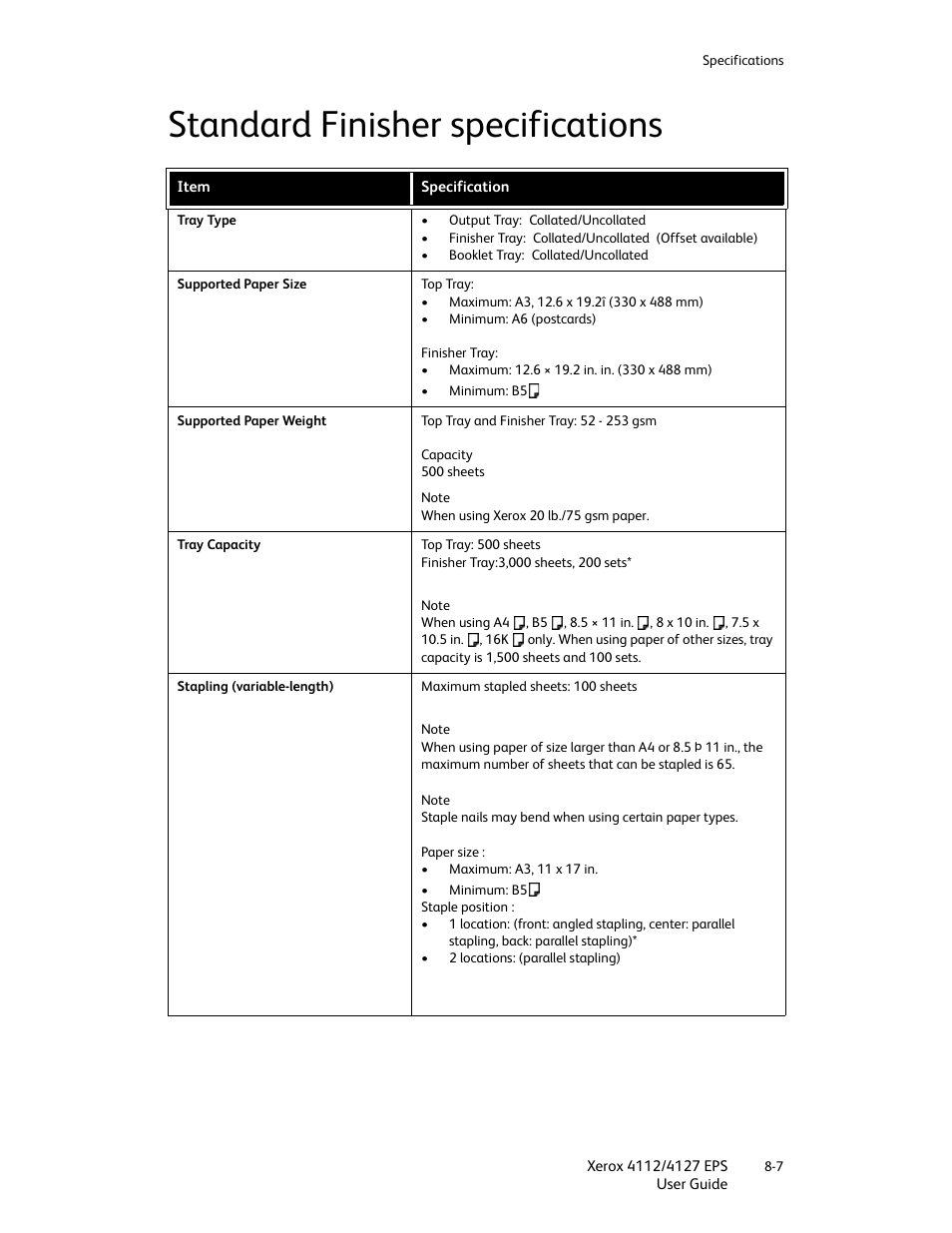 Standard finisher specifications, Standard finisher specifications -7 | Xerox 4112-4127 Enterprise Printing System-4612 User Manual | Page 167 / 224