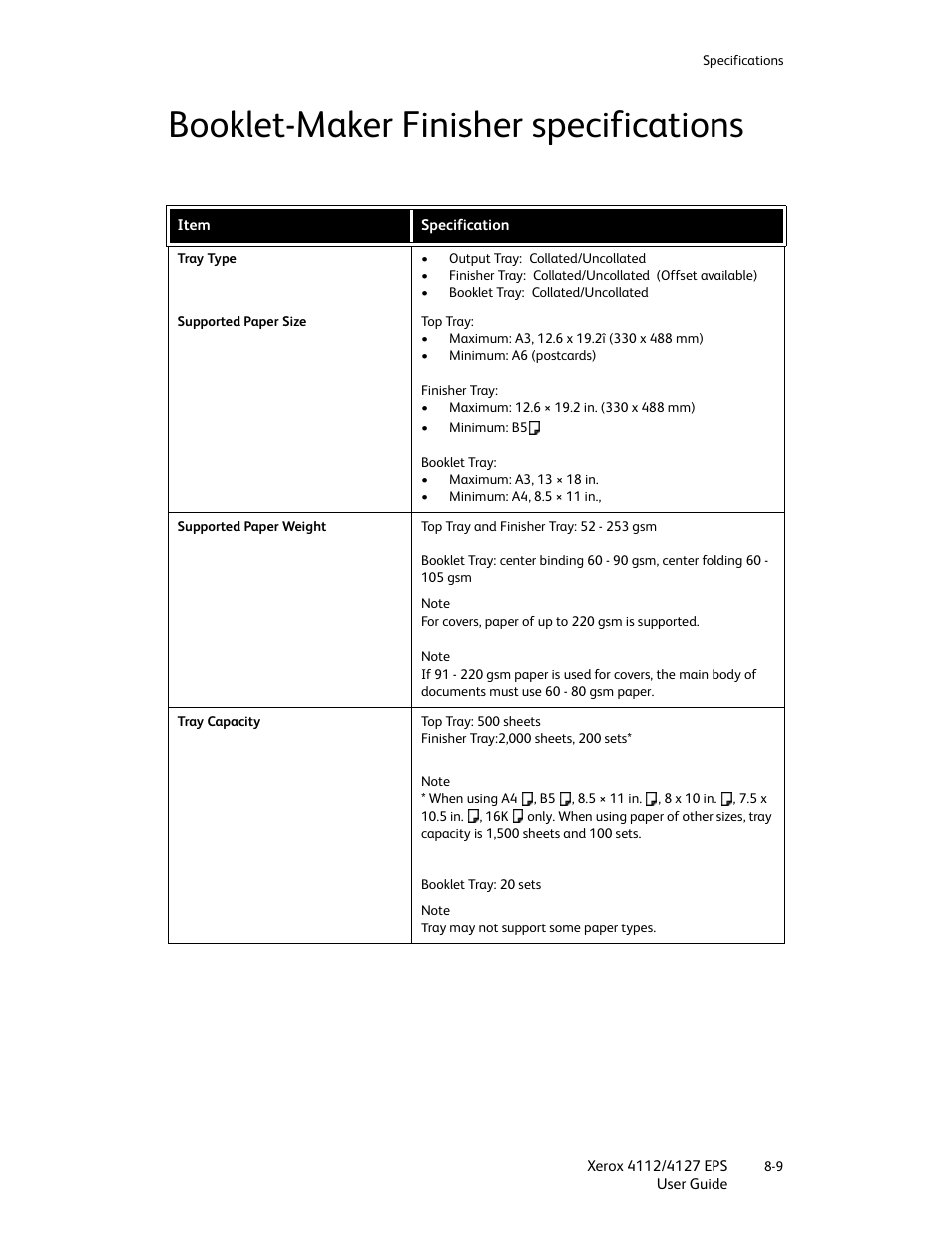 Booklet-maker finisher specifications, Booklet-maker finisher specifications -9 | Xerox 4112-4127 Enterprise Printing System-4612 User Manual | Page 169 / 224