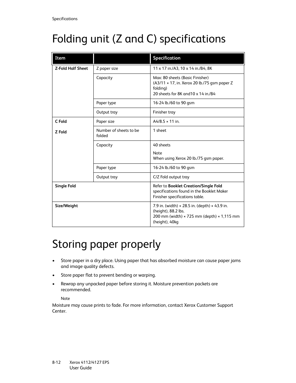 Folding unit (z and c) specifications, Storing paper properly | Xerox 4112-4127 Enterprise Printing System-4612 User Manual | Page 172 / 224