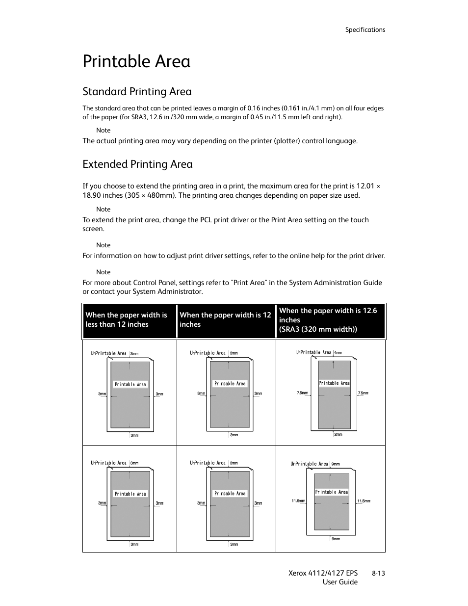 Printable area, Standard printing area, Extended printing area | Printable area -13 | Xerox 4112-4127 Enterprise Printing System-4612 User Manual | Page 173 / 224