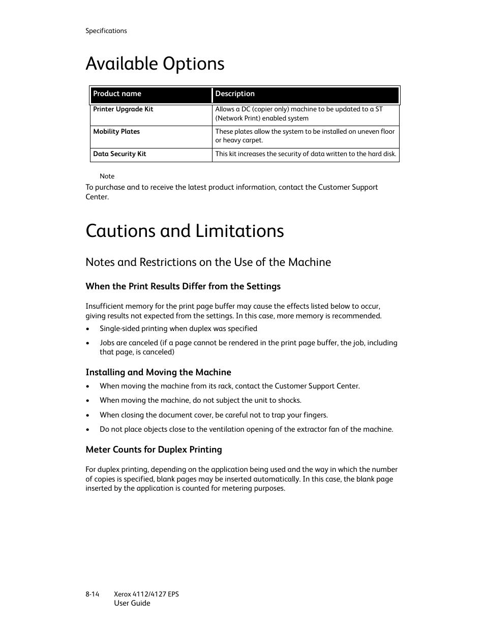 Available options, Cautions and limitations, Notes and restrictions on the use of the machine | When the print results differ from the settings, Installing and moving the machine, Meter counts for duplex printing, Available options -14 cautions and limitations -14 | Xerox 4112-4127 Enterprise Printing System-4612 User Manual | Page 174 / 224