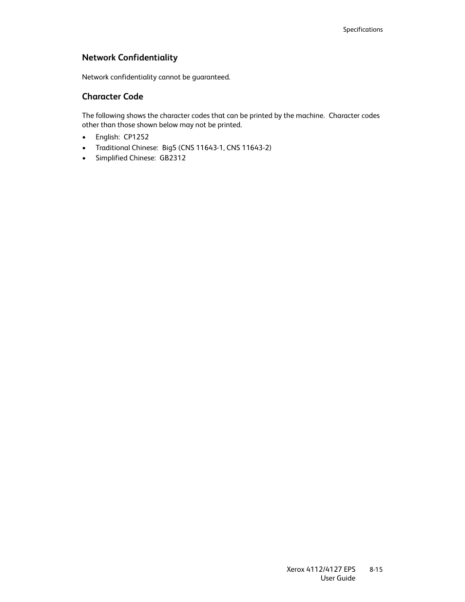 Network confidentiality, Character code, Network confidentiality -15 character code -15 | Xerox 4112-4127 Enterprise Printing System-4612 User Manual | Page 175 / 224