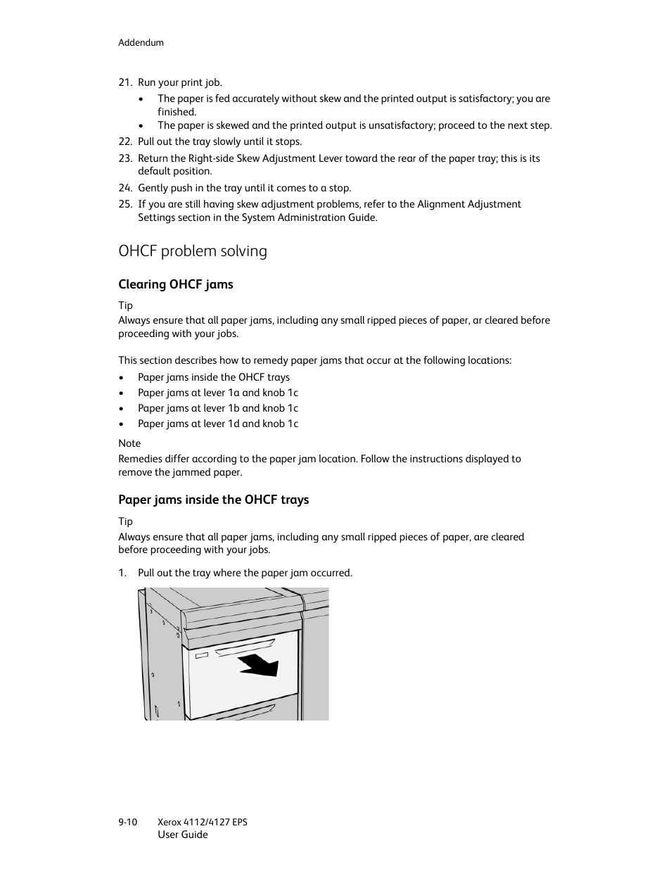 Ohcf problem solving, Clearing ohcf jams, Paper jams inside the ohcf trays | Ohcf problem solving -10 | Xerox 4112-4127 Enterprise Printing System-4612 User Manual | Page 186 / 224