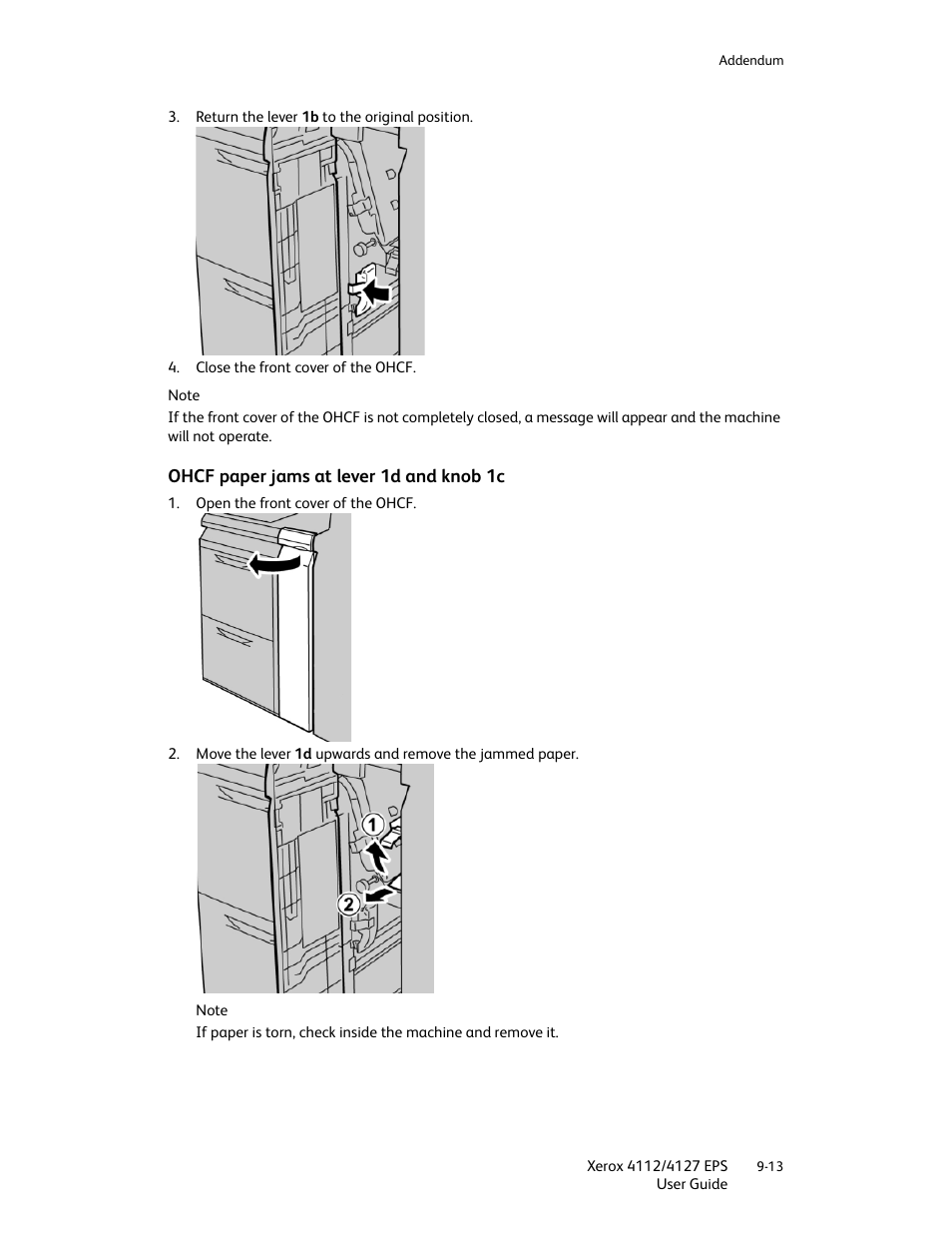 Ohcf paper jams at lever 1d and knob 1c, Ohcf paper jams at lever 1d and knob 1c -13 | Xerox 4112-4127 Enterprise Printing System-4612 User Manual | Page 189 / 224