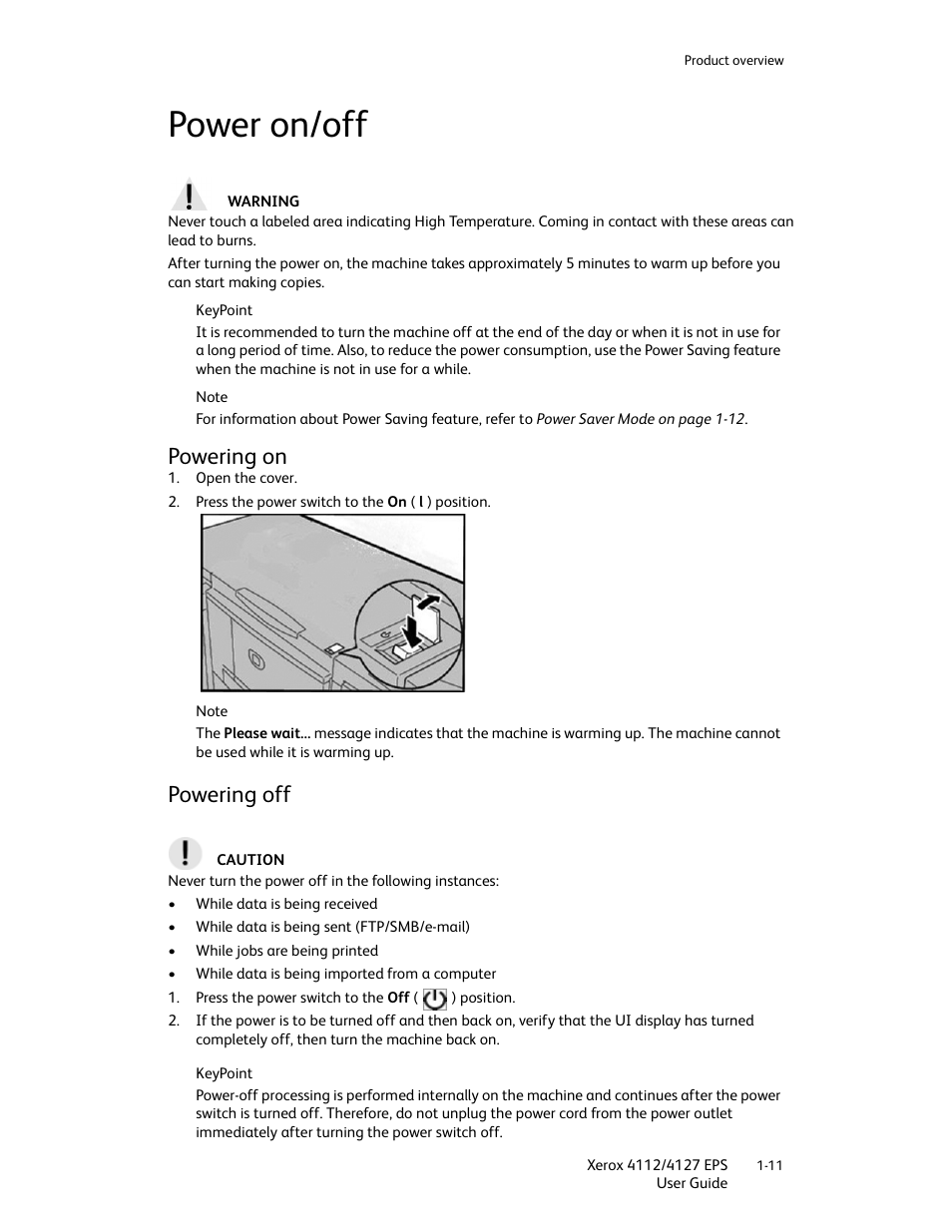 Power on/off, Powering on, Powering off | Power on/off -11, Powering on -11 powering off -11 | Xerox 4112-4127 Enterprise Printing System-4612 User Manual | Page 19 / 224