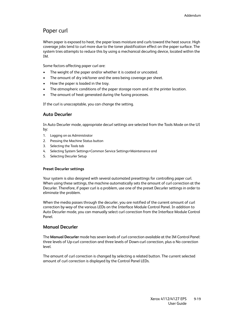 Paper curl, Auto decurler, Manual decurler | Paper curl -19, Auto decurler -19 manual decurler -19 | Xerox 4112-4127 Enterprise Printing System-4612 User Manual | Page 195 / 224