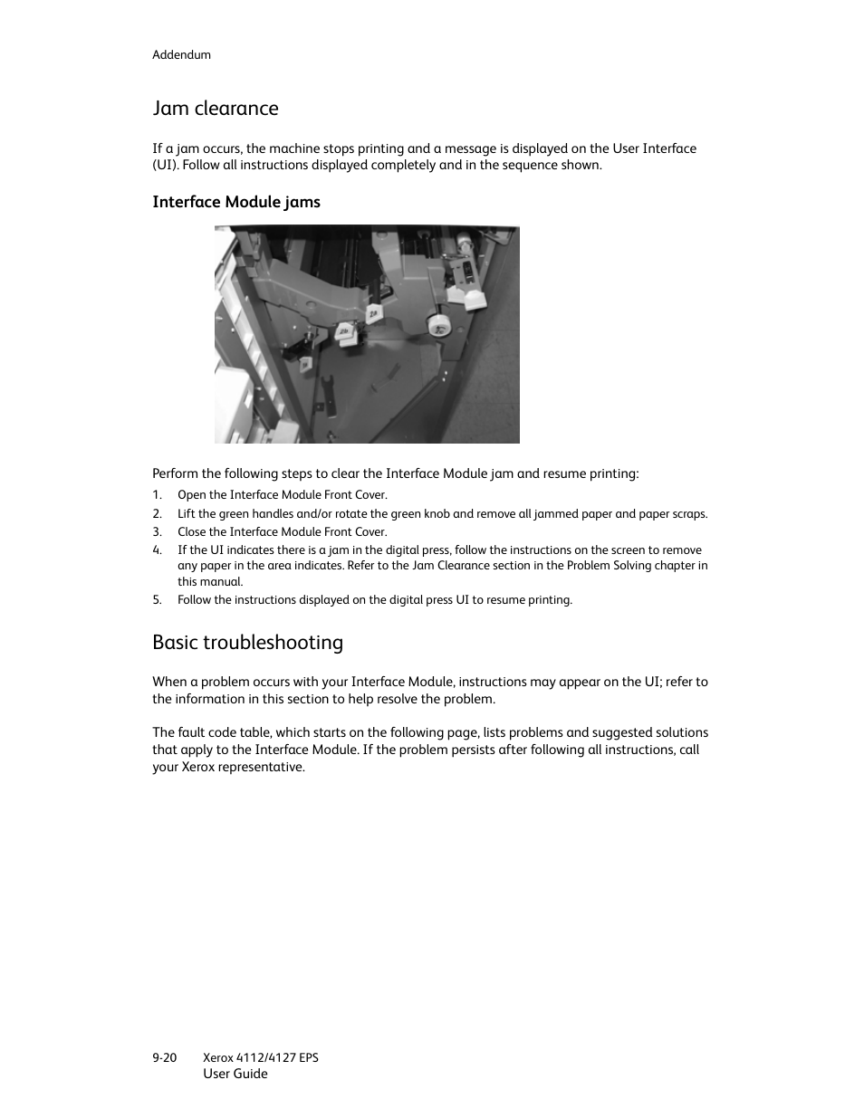 Jam clearance, Interface module jams, Basic troubleshooting | Jam clearance -20, Interface module jams -20, Basic troubleshooting -20 | Xerox 4112-4127 Enterprise Printing System-4612 User Manual | Page 196 / 224