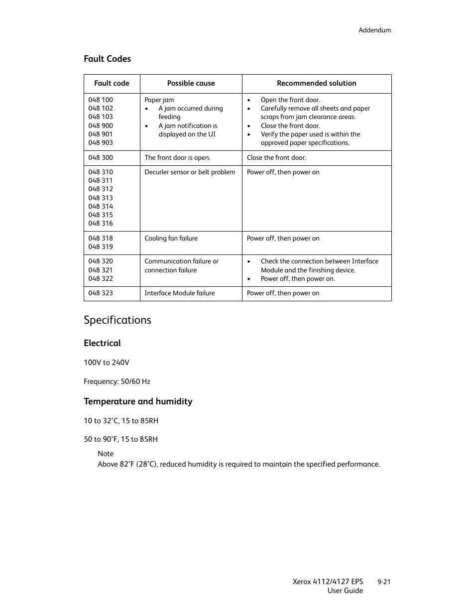 Fault codes, Specifications, Electrical | Temperature and humidity, Fault codes -21, Specifications -21, Electrical -21, Temperature and humidity -21 | Xerox 4112-4127 Enterprise Printing System-4612 User Manual | Page 197 / 224