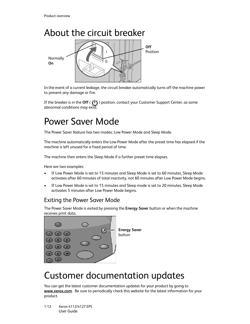 About the circuit breaker, Power saver mode, Exiting the power saver mode | Customer documentation updates, About the circuit breaker -12 power saver mode -12, Exiting the power saver mode -12, Customer documentation updates -12 | Xerox 4112-4127 Enterprise Printing System-4612 User Manual | Page 20 / 224