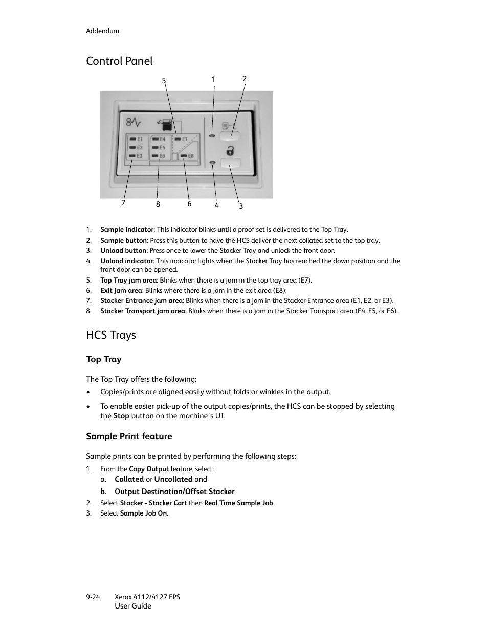 Control panel, Hcs trays, Top tray | Sample print feature, Control panel -24 hcs trays -24, Top tray -24 sample print feature -24 | Xerox 4112-4127 Enterprise Printing System-4612 User Manual | Page 200 / 224