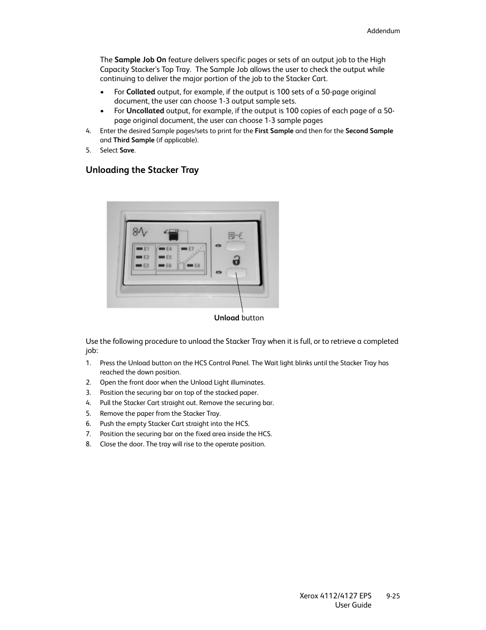 Unloading the stacker tray, Unloading the stacker tray -25 | Xerox 4112-4127 Enterprise Printing System-4612 User Manual | Page 201 / 224