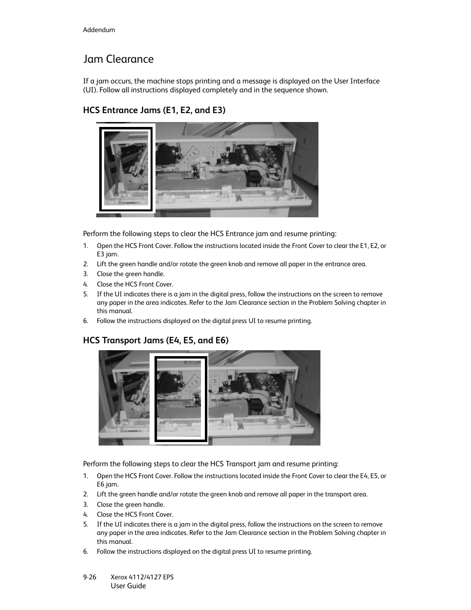 Jam clearance, Hcs entrance jams (e1, e2, and e3), Hcs transport jams (e4, e5, and e6) | Jam clearance -26 | Xerox 4112-4127 Enterprise Printing System-4612 User Manual | Page 202 / 224